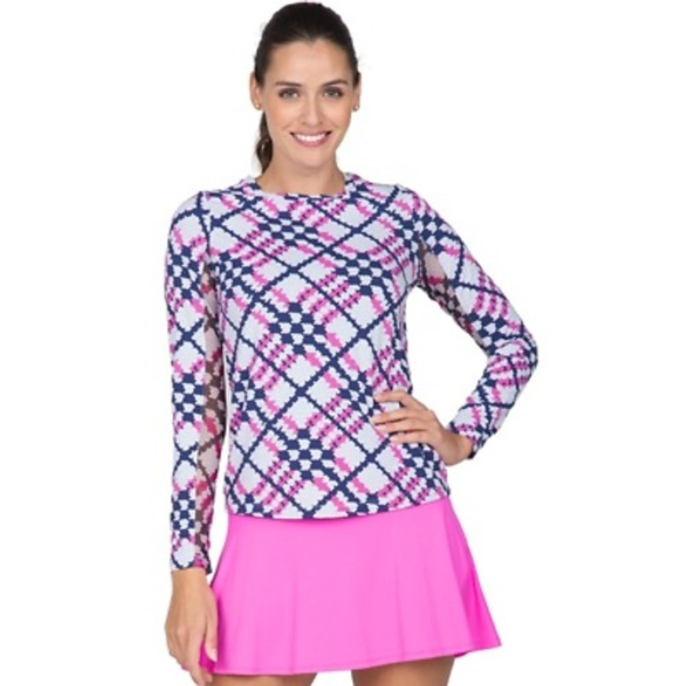 IBKUL Sonika Long Sleeve Golf Crew Neck Shirt Womens XL Plaid Pink Navy UPF 50